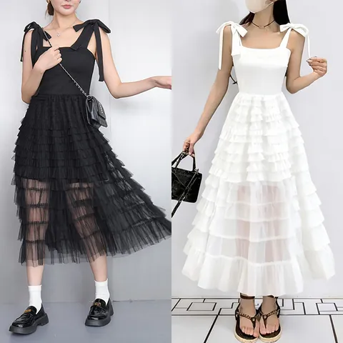 Elegant Women Mesh Stitching Sleeveless Sling Maxi Dress Bow Tie Straps Tiered Ruffle Hem Solid A-Line Dress Party Gown