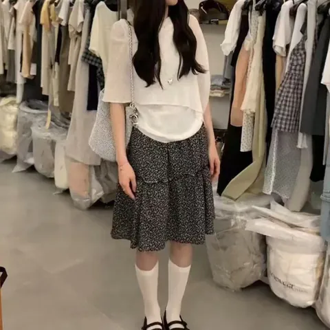 Korean Style Women Top And Bottom Floral Skirt Set Casual Sweet Five-Quarter Sleeve Blouse Elegant Summer Outfit