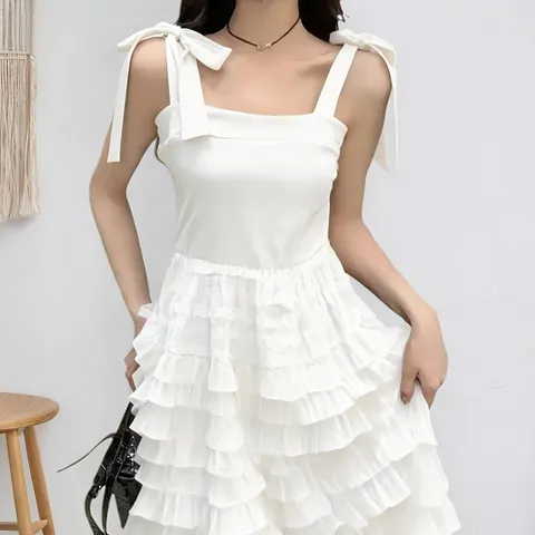 Elegant Women Mesh Stitching Sleeveless Sling Maxi Dress Bow Tie Straps Tiered Ruffle Hem Solid A-Line Dress Party Gown