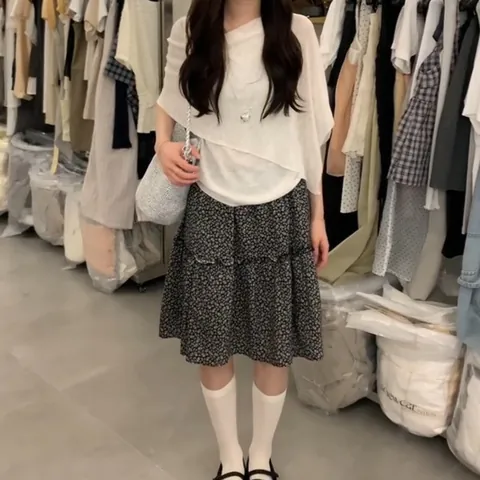 Korean Style Women Top And Bottom Floral Skirt Set Casual Sweet Five-Quarter Sleeve Blouse Elegant Summer Outfit