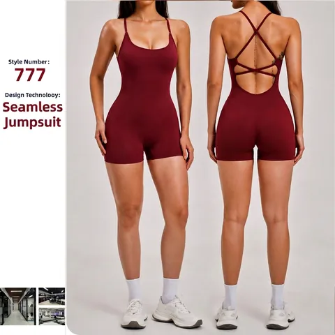 Damen Eckiger Ausschnitt Rückenfreier Yoga Romper Eingebaute Pads Einteiliger Slim Fit Sport Jumpsuit Nylon Stretch Fitness Set