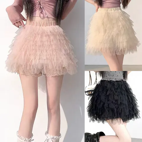 Donna Dolce Fresca Gonna-pantalone a Bocciolo a Strati Poliestere Tinta Unita Mini Gonna in Rete Con Pantaloncini Interni Parte Inferiore