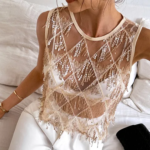 Women's Sexy Sequin Fringe Tank Top Round Neck Sleeveless Tassel Party Vest Summer Festive Beach Vacation Clubwear Shimmering Top