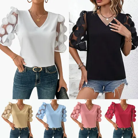 Women V Neck Puff Sleeve Top Summer 3D Hollow Dot Mesh See-Through Blouse Elegant Casual Solid Color Slim Fit Shirt