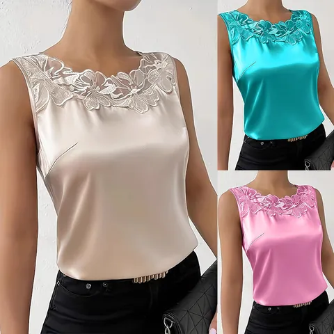 Dames Elegant Satijnen hemdje met Kant Mouwloos Kunstzijde Tanktop Zijdeachtig Effen Kleur Feest Zomer Top