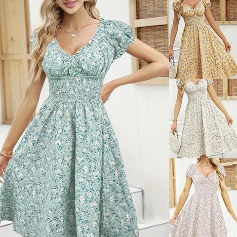 Women French Vintage Floral Puff Sleeve Midi Dress Elegant V-Neck Smocked High Waist A-Line Printed Vacation Summer Dress