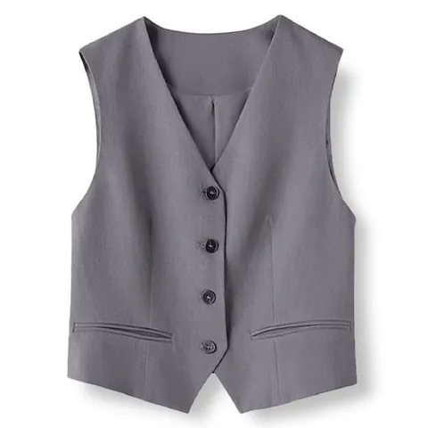 Minimalist Women Suit Vest V-Neck Sleeveless Waistcoat Single-Breasted Office Lady Casual Grey Black Coffee Polyester Top