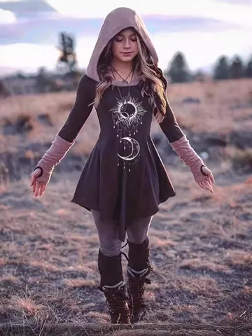 Vestido Gótico Vintage Con Capucha Para Mujer Estampado Celestial Sol Luna Estrella Manga Larga Dobladillo Irregular Vestido Midi Línea A