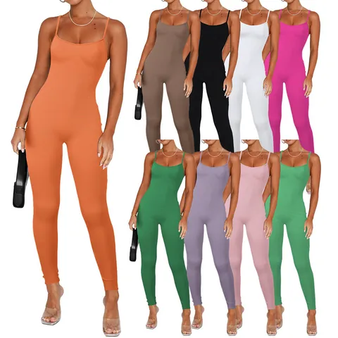Women Sexy Backless Spaghetti Strap Ribbed Jumpsuit Bodycon Long Romper Polyester Solid Color Slim Fit Bodysuit One Piece