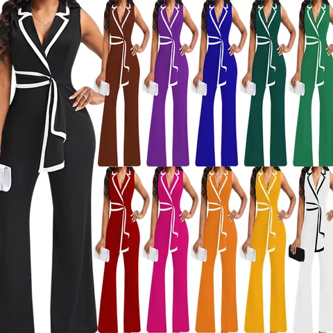 Women's Elegant V-Neck Sleeveless Jumpsuit Polyester Wide Leg Long Pants With Belt Contrast Trim Summer Office Lady Jumpsuit