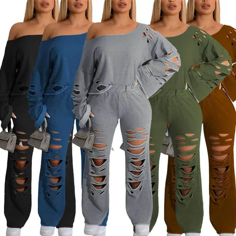 Women Distressed Ripped Sportswear Top And Bottom Sexy Off Shoulder Long Sleeve Hoodie And High Waist Ripped Pants Tracksuit