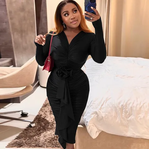 Women V Neck Long Sleeve Ruched Midi Dress Sexy Bodycon 3D Rose Decoration Evening Party Dress Polyester Spandex Elegant Wrap Dress