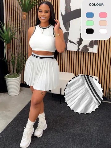 Damen Zweiteiler Ärmelloses Crop Top Und Hohe Taille Plissierter Minirock Lässig Sportlich Streetwear Outfit Kontraststreifen