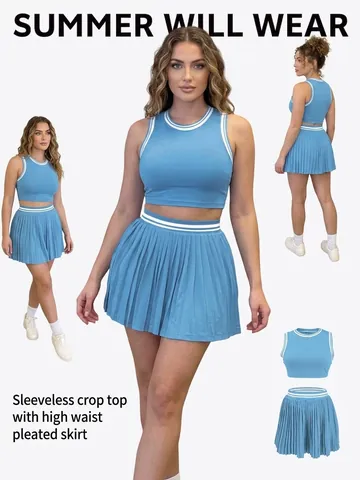 Damen Zweiteiler Ärmelloses Crop Top Und Hohe Taille Plissierter Minirock Lässig Sportlich Streetwear Outfit Kontraststreifen