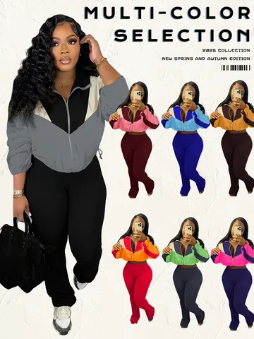Women's Patchwork Sport Set Long Sleeve Zipper Jacket And High Waist Slim Pants Contrast Color Two Piece Top And Bottom