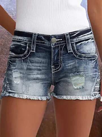 Short en Jean Déchiré pour Femmes Ourlet Effiloché Jean Shorts Avec Broderie d'Étoiles Slim Fit Taille Moyenne Bottoms
