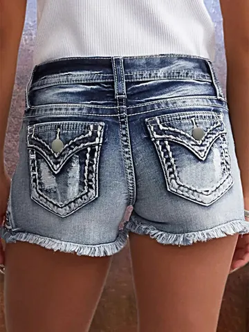 Short en Jean Déchiré pour Femmes Ourlet Effiloché Jean Shorts Avec Broderie d'Étoiles Slim Fit Taille Moyenne Bottoms
