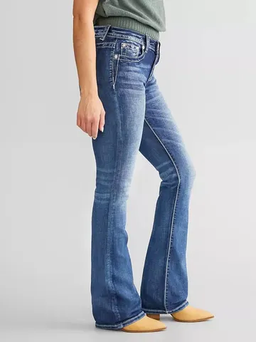 Jeans a Campana Ricamati da Donna Blu Scuro Elegante Vita Media Denim Lavato Pantaloni Bootcut Slim Fit Misto Cotone