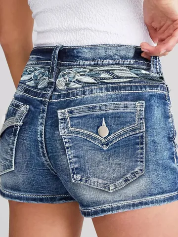 Pantalones Cortos de Mezclilla Lavados para Mujer Ajuste Estrecho con Bordado Floral Hot Pants con Bolsillos de Botones de Metal Cintura Media