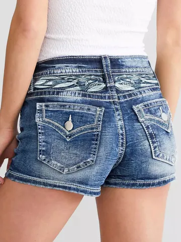 Pantalones Cortos de Mezclilla Lavados para Mujer Ajuste Estrecho con Bordado Floral Hot Pants con Bolsillos de Botones de Metal Cintura Media