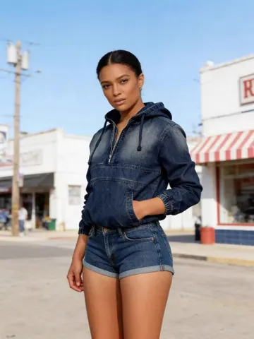 Women Washed Denim Hooded Bomber Jacket And Shorts Top And Bottom Casual Streetwear Long Sleeve Pullover With Kangaroo Pocket