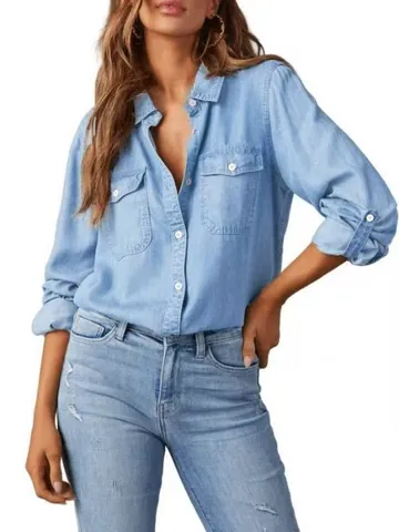 Women Casual Long Sleeve Denim Shirt Button Down Cotton Blend Jean Jacket Top With Chest Pockets For Autumn Daily
