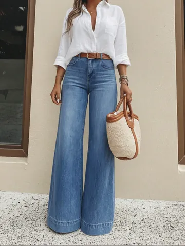 Women's Vintage Washed Wide Leg Jeans High Waisted Cotton Blend Denim Pants Loose Fit Retro Style Casual Trousers For Women