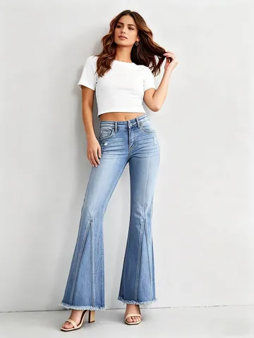 Jeans a Zampa da Donna Alla Moda Vestibilità Aderente Pantaloni in Denim a Vita Alta Lavati Con Orlo Sfrangiato Pantaloni Lunghi Casual