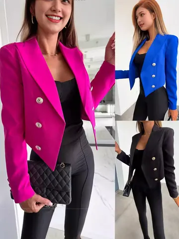 Damen Kurz西装外套 Locker Langarm Zweireihig Reverskragen Einfarbig Löwenkopf Metallknopf Pendler Top