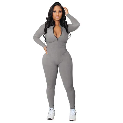 Women Ribbed Jumpsuit Long Sleeve V Neck Front Zipper Slim Fit One Piece Bodycon Sporty Yoga Jumpsuits For Women Playsuit