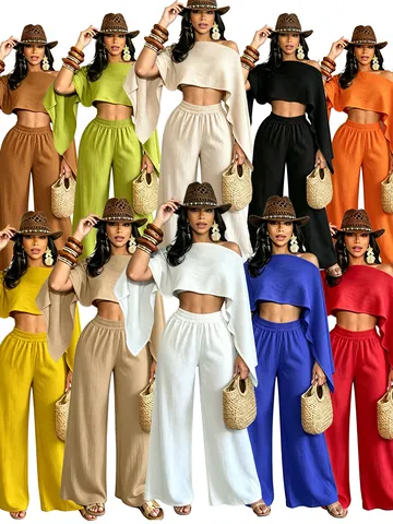 Completo da Donna Sexy per Vacanza al Mare Tinta Unita Monospalla Top e Pantaloni Irregolari Vita Elastica con Tasche in Poliestere