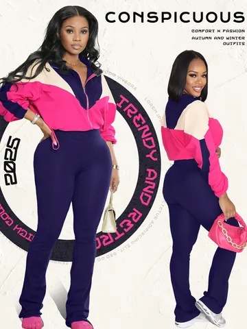 Women's Patchwork Sport Set Long Sleeve Zipper Jacket And High Waist Slim Pants Contrast Color Two Piece Top And Bottom