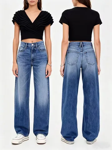 Jeans Large Taille Haute pour Femmes Décontracté Ample Denim Lavé Mélange de Coton Coupe Droite Pantalon Vintage