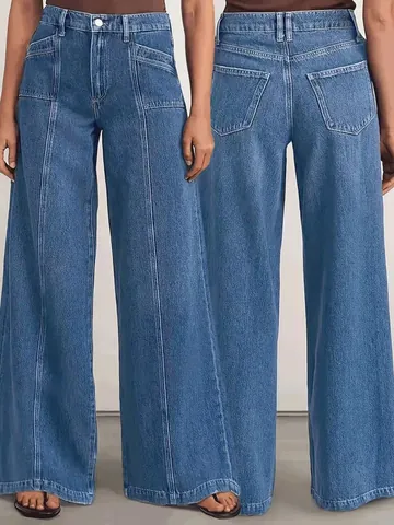 Jeans Femme Taille Haute Jambe Large Denim Lavé Mélange Coton Pantalon Droit Confortable Extensible Casual