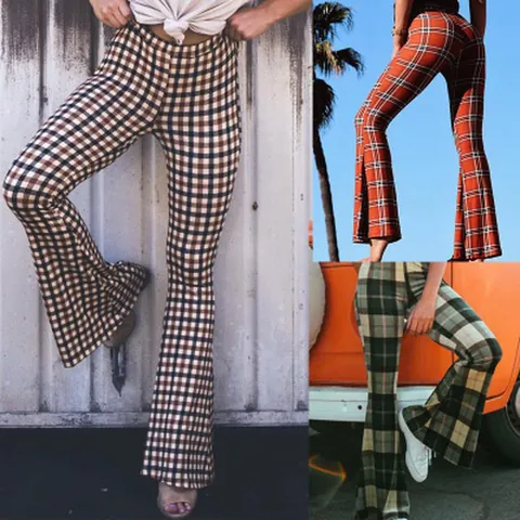 Pantalon Évasé à Carreaux Rétro pour Femmes Taille Haute Slim Fit Bell Bottom Pantalon Vintage Long Décontracté Bas