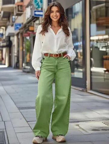Jeans Femme Rétro Taille Haute Jambe Large Mode Décontracté Coton Denim Pantalon Avec Décor Boutons Pantalon Long Style Streetwear