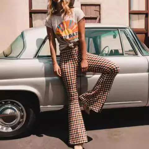Pantalon Évasé à Carreaux Rétro pour Femmes Taille Haute Slim Fit Bell Bottom Pantalon Vintage Long Décontracté Bas