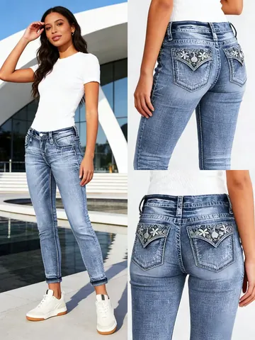 Women Slim Fit Stretch Denim Jeans Embroidered Floral Skinny Pencil Pants Washed Blue Casual Streetwear Bottom