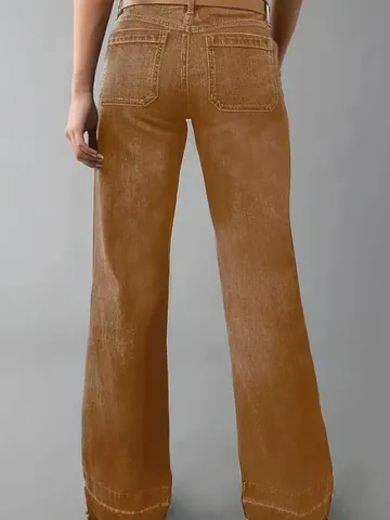 Pantalon en Jean à Taille Haute et Jambes Larges pour Femmes Mélange de Coton Lavé Décontracté Jean Droit Avec Poches