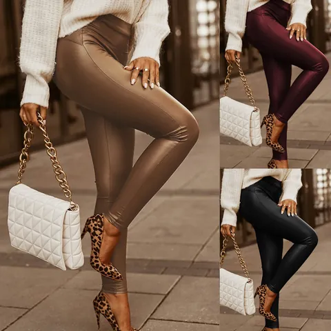 Damen Hohe Taille Kunstleder Leggings Elastische Skinny PU Lederhose Slim Fit Einfarbige Freizeithose Für Frauen