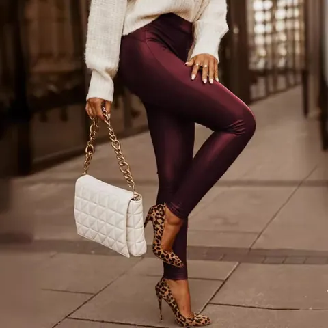 Damen Hohe Taille Kunstleder Leggings Elastische Skinny PU Lederhose Slim Fit Einfarbige Freizeithose Für Frauen