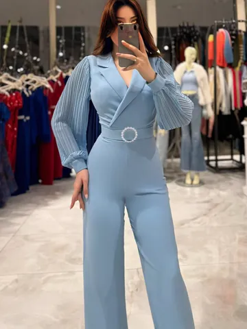 Women Elegant Pleated Long Sleeve Lapel Jumpsuit Slim Fit Solid Color Wide Leg One Piece Romper Autumn Winter Fashion Clothing