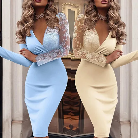 Elegant Women Lace Stitching Slim Fit Hip Wrap Midi Dress V-Neck Long Sleeve Polyester Spandex Casual Party Formal Dress