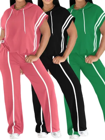 Women's Casual Sports Two-Piece Set Striped Hooded Short Sleeve Top And Bottom Leisure Sweatsuit