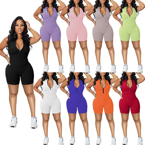 Women Zipper Ribbed Romper Sleeveless Slim Fit Sexy Jumpsuit One Piece Shorts Playsuit Solid Color Fashion Clothing