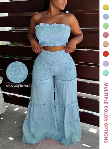 Conjunto Casual de Dos Piezas para Mujer Top Corto Palabra de Honor Fruncido y Pantalones de Pata Ancha con Volantes Trajes de Verano
