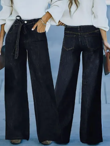 Jeans a Gamba Larga Retro Americani da Donna Vita Alta Pantaloni in Denim Lavato Svasati Casual Larghi Streetwear Con Cintura