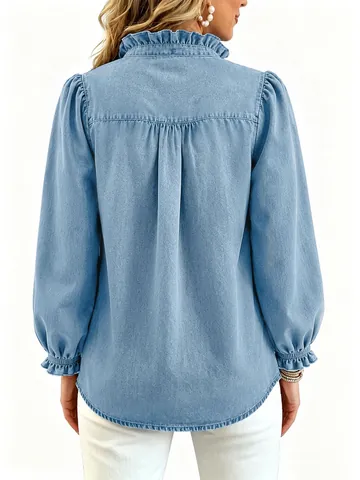 Women's Casual Denim Shirt Ruffle Lapel Puff Sleeve Washed Cotton Blend Blouse Top For Women Daily Wear Western Style