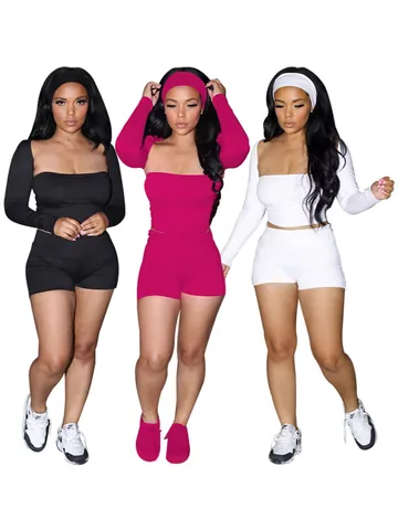 Dames 4-delige Casual Set Ribgebreid Bolero met Lange Mouwen Tube Top Shorts met Hoge Taille Met Hoofdband Effen Kleur Mode Zomer Outfits