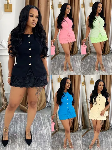 Women Sleeveless Top And Bottom Skirt Set 3D Rose Flower Textured Bodycon Mini Skirt Suit With Button Decor Elegant Outfit